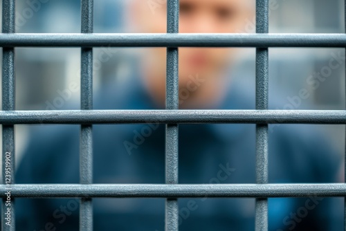 Blurred figure behind prison bars: male, caucasian, adult