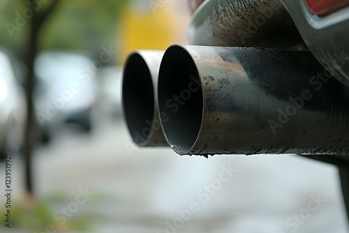 Close up of Dual Exhaust Pipes on a Car Showing Soot and Water Droplets photo