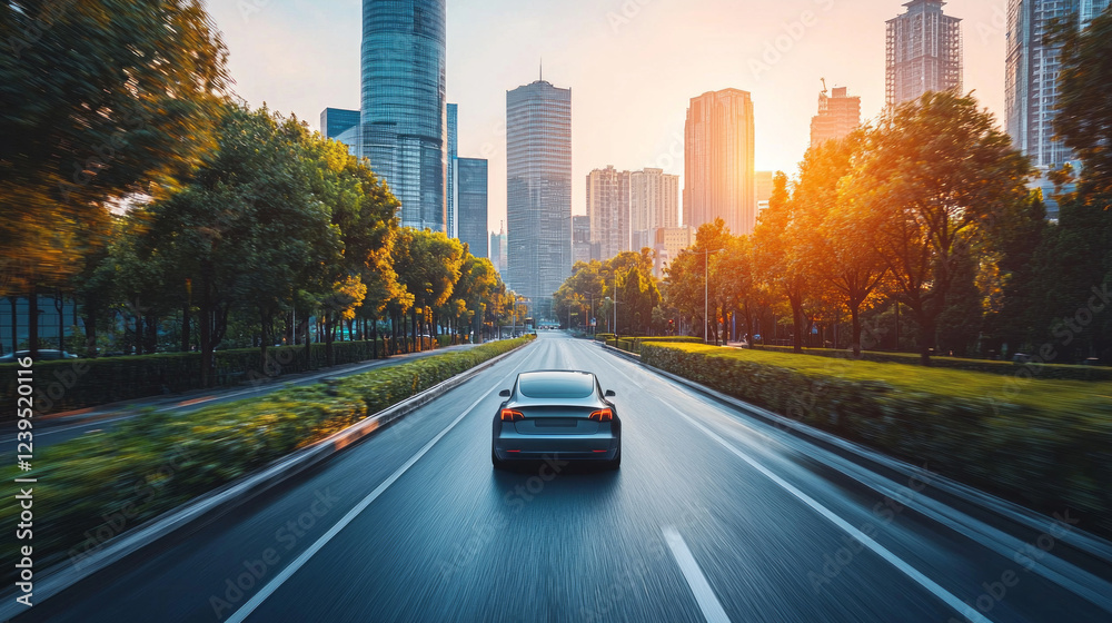 Naklejka premium A sleek electric car drives along a pristine road lined with trees, capturing the warm glow of sunset against a backdrop of towering skyscrapers. The urban landscape exudes modernity and tranquility