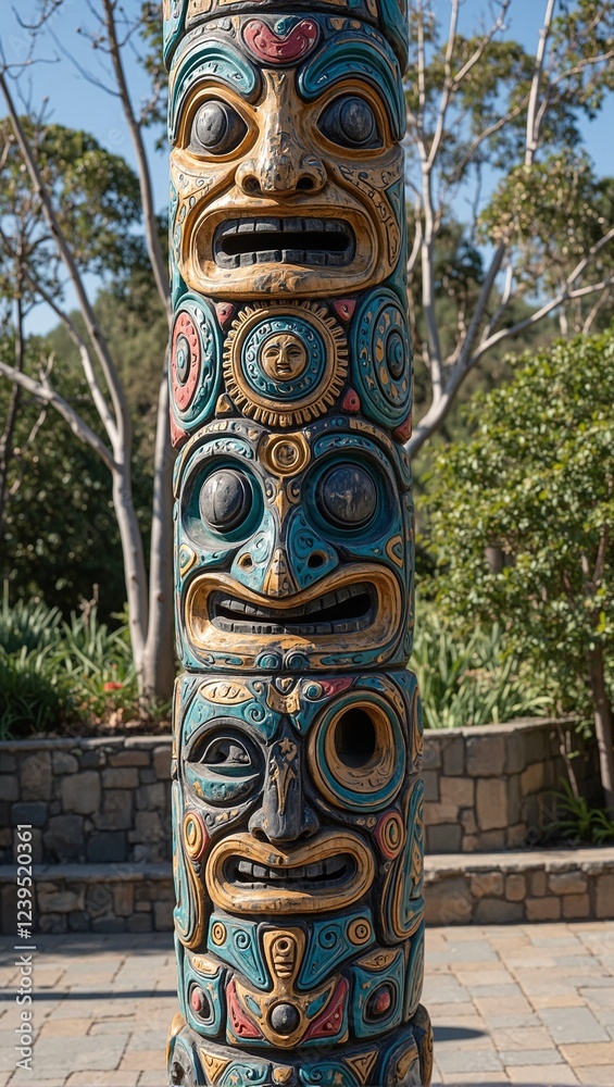 Celestial totem pole with sun moon and star symbols painted in gold blue in serene outdoor setting Celestial totem pole with sun moon and star symbols painted in gold blue in serene outdoor setting