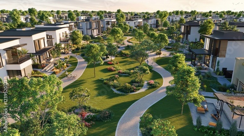 Modern residential community featuring stylish homes green spaces and winding paths