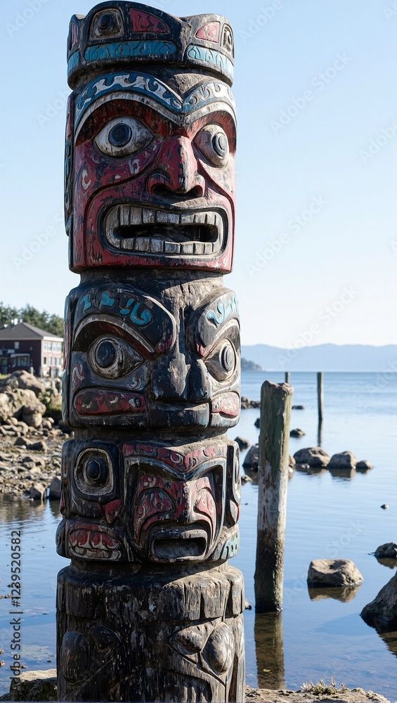 Totem pole with sea creature carvings by tranquil bay Totem pole with sea creature carvings by tranquil bay