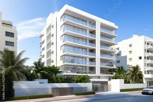 Modern white condominium building with glass balconies and tropical landscaping