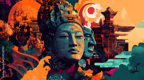 Artistic representation different cultural artifacts. Cultural Aesthetics. Illustration