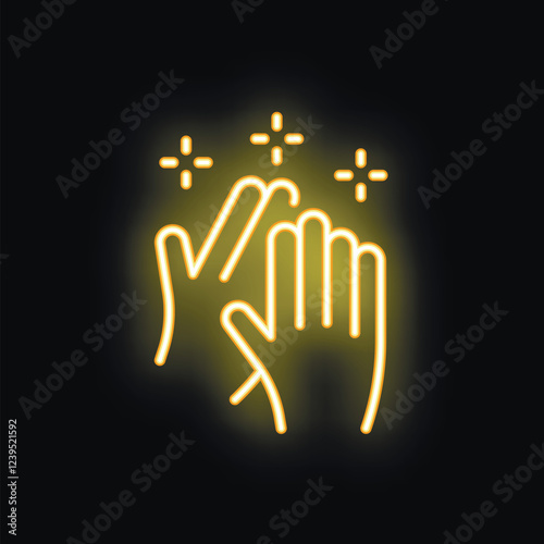 Neon sign illustration of two hands clapping with sparkles, perfect for projects related to applause, celebration, or entertainment