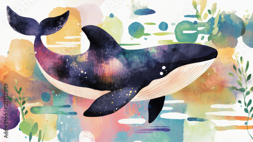 killer whale, watercolor, A monochrome painting of a killer whale, showcasing soft tones in a high-fidelity style. photo