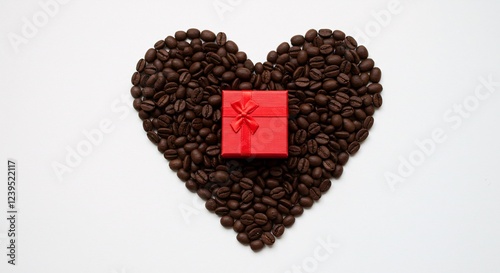 Coffee beans arranged into a heart shape, a small red gift box in the center, overhead kitchen