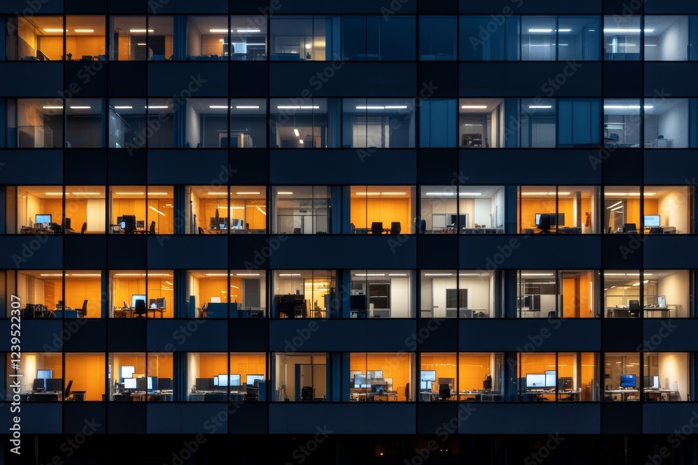Illuminated office building at night with visible desks and computers Illuminated office building at night with visible desks and computers