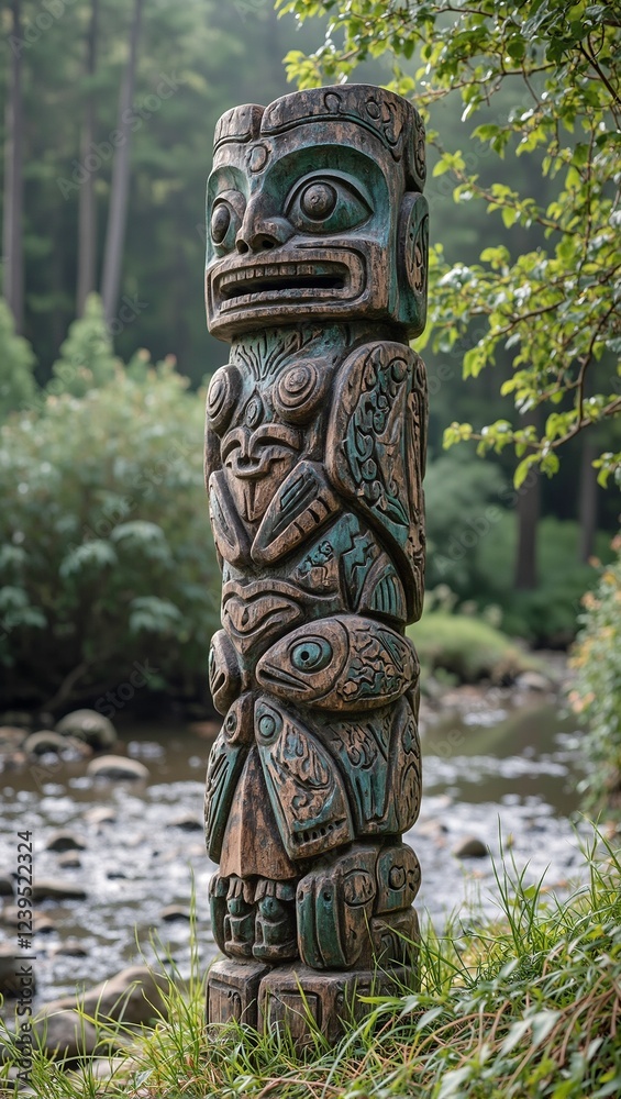 Intricately carved totem pole with fish motifs by a serene stream Intricately carved totem pole with fish motifs by a serene stream