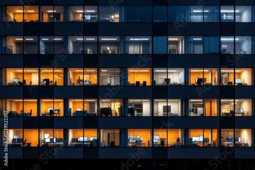 Illuminated office building at night with visible desks and computers