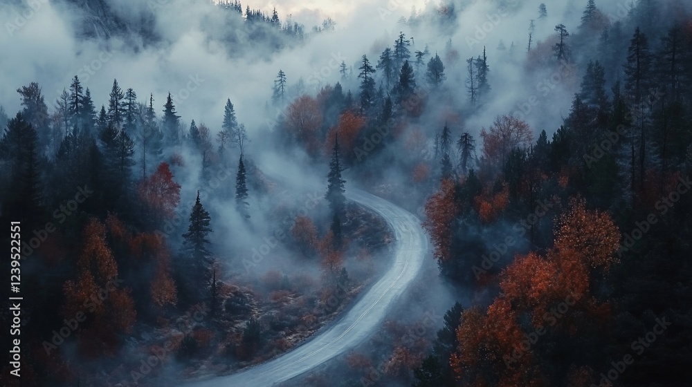 Fototapeta premium Winding road through misty autumn forest used for travel or scenic backgrounds