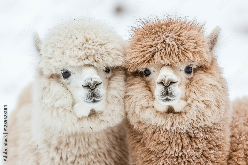 Two beautiful alpacas in winter South American camel Two beautiful alpacas in winter South American camel