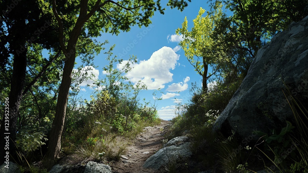 A Sunny Path through a Lush Forest with a Blue Sky and White Clouds overhead A Sunny Path through a Lush Forest with a Blue Sky and White Clouds overhead