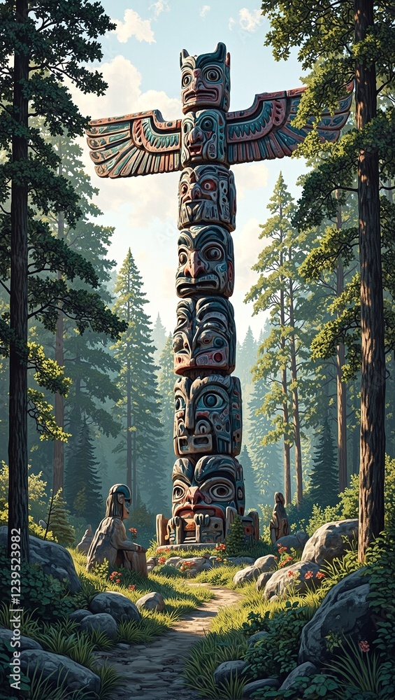 Obraz premium Intricately carved totem pole in forest clearing mythical creatures in sunlight