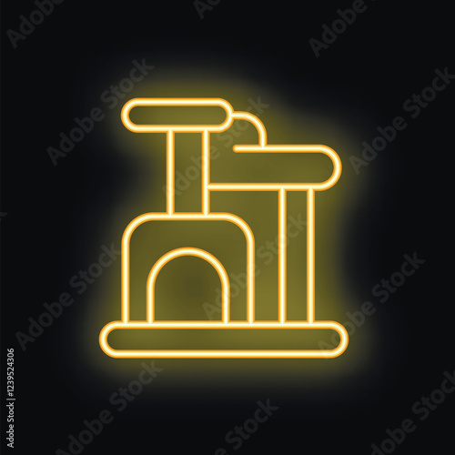 Yellow glowing neon icon representing a cat tree with a scratching post, perfect for pet shop advertising