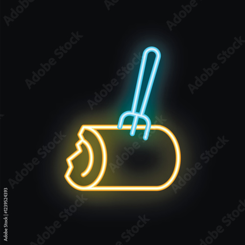 Glowing neon sign depicting a fork piercing a swiss roll cake slice on a dark background