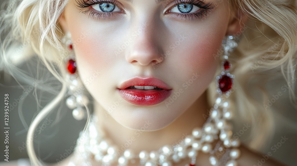 Fototapeta premium Woman wearing pearls and ruby earrings, posing, outdoors, for portraits