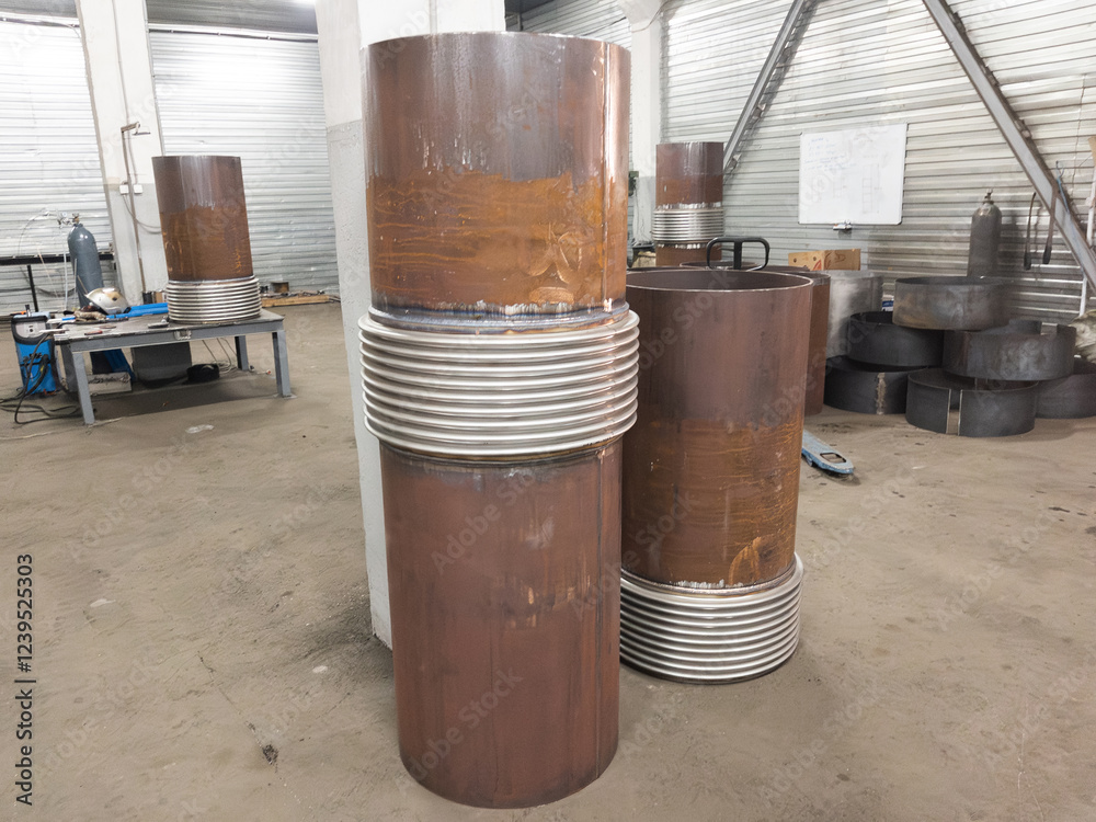 Rusty sylphons on concrete floor. White metal industrial construction.