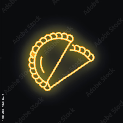 Yellow neon sign depicting two delicious argentinian empanadas, ideal for restaurant menus or food blogs