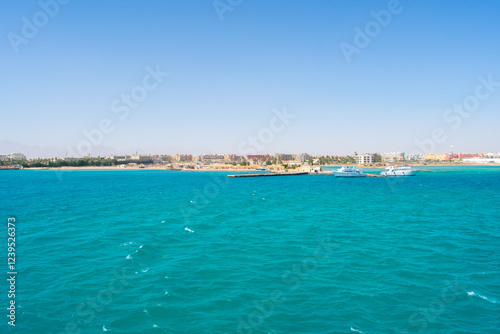 View from boat on Red Sea And Hurghada in Egypt. Cristal clear water and View at city. 