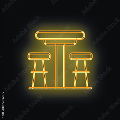 Golden neon sign illustrating a bar table with two stools, glowing on a black background