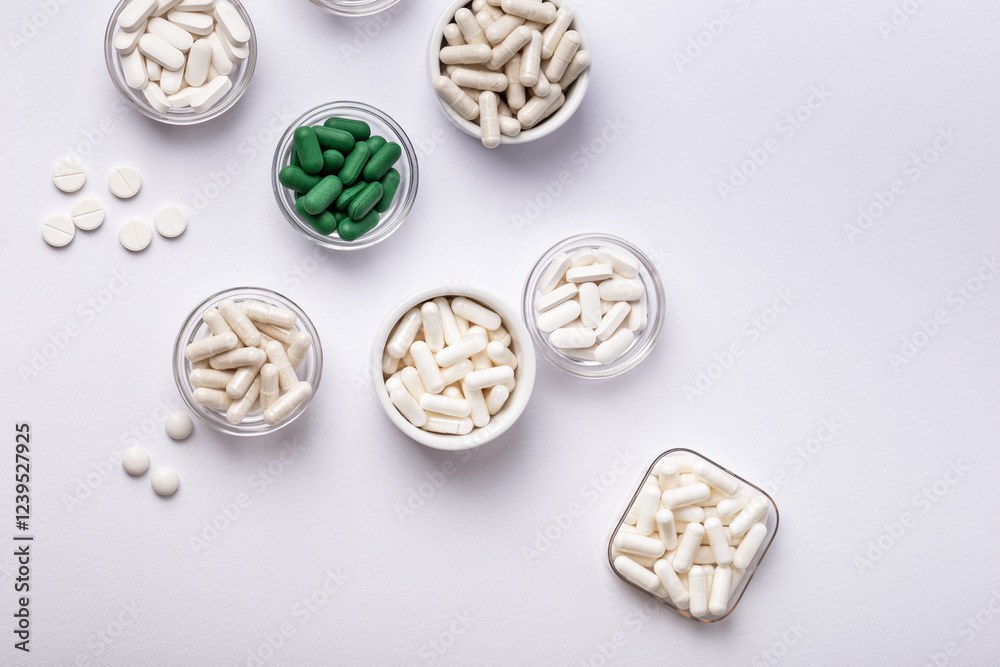 Dietary supplements, vitamins and minerals in small plates on white background. Happy and healthy lifestyle. Thite and green tablets. Top view. Dietary supplements, vitamins and minerals in small plates on white background. Happy and healthy lifestyle. Thite and green tablets. Top view.