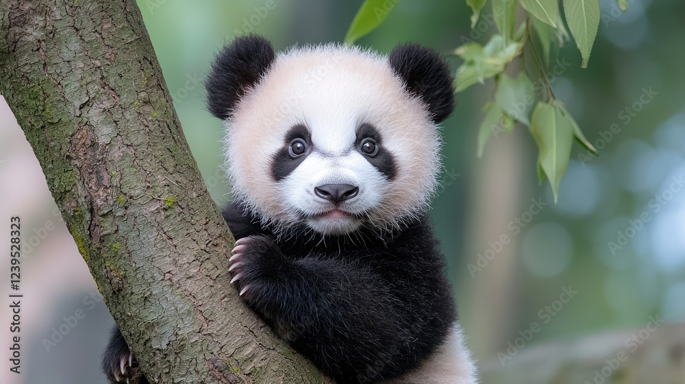 Obraz premium Cute panda cub climbing tree, green leaves background, wildlife conservation