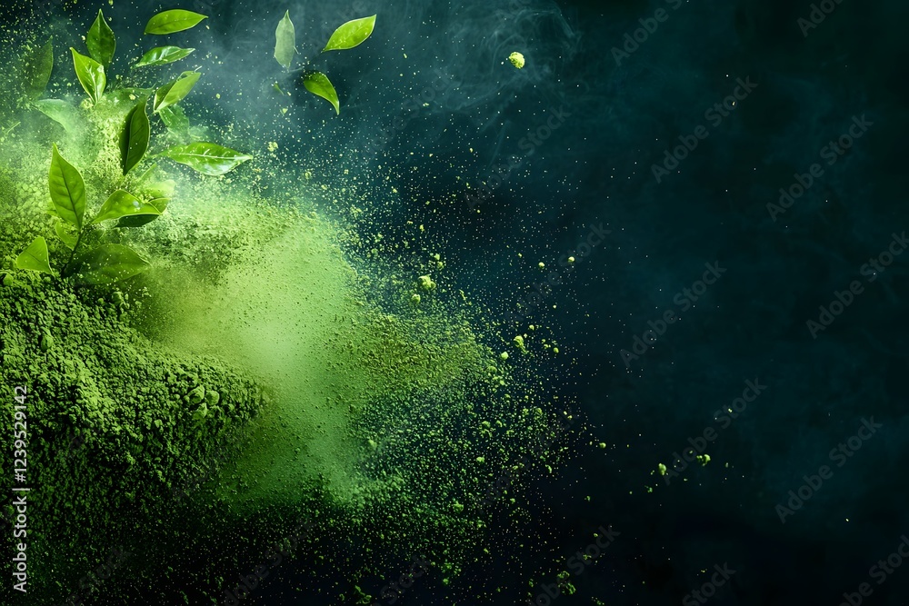 Fototapeta premium Vibrant Green Matcha Powder Explosion with Fresh Tea Leaves on Dark Background