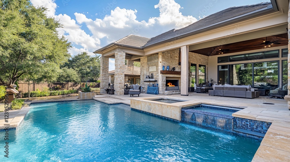 Fototapeta premium Luxury Outdoor Living Space Featuring Pool, Spa, and Covered Patio Area