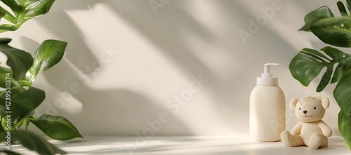 Minimalist product display with lotion bottle, teddy bear, and tropical leaves.