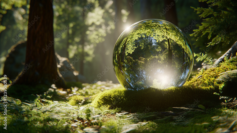 Crystal Earth in Forest: Eco-Friendly Planet Conservation Concept with Sunlit Ferns for Earth Day Campaigns and Copy Space Crystal Earth in Forest: Eco-Friendly Planet Conservation Concept with Sunlit Ferns for Earth Day Campaigns and Copy Space