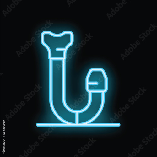 Blue neon icon of a snorkel glowing on a dark background