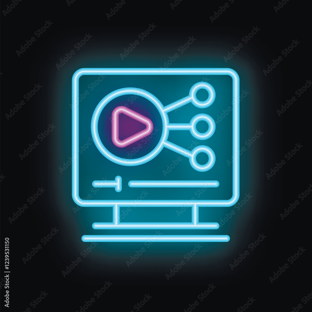 Neon icon of a video player connecting to multiple devices, representing the concept of video streaming