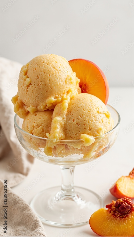 Refreshing peach sorbet garnished with fresh peach slices in a clear glass dish