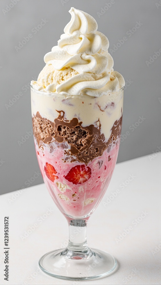 Delicious layered ice cream parfait in tall glass with vanilla chocolate strawberry scoops topped whipped cream Delicious layered ice cream parfait in tall glass with vanilla chocolate strawberry scoops topped whipped cream