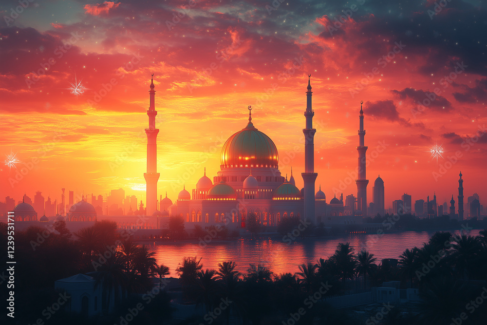 Obraz premium A vibrant illustration of a golden mosque dome illuminated by warm sunset hues, surrounded by ornate arabesque frames and delicate star patterns, symbolizing the grandeur of Eid Mubarak.