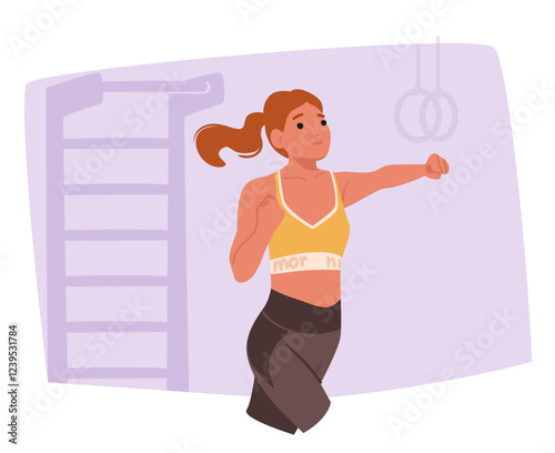 Active sports woman cartoon character training self defense technique enjoying workout at gym