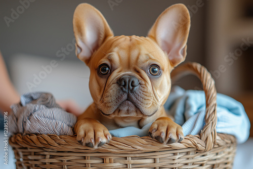 A French bulldog sitting in a laundry basket, surrounded by colorful clothes, playful and cozy atmosphere. Pet Day. photo