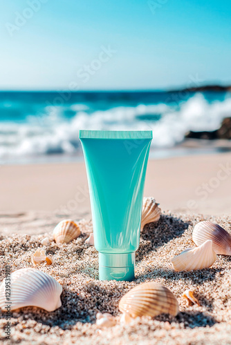 Blue tube of sunscreen on sand on the sea background. Summer holiday concept, skin care, spf cosmetics.