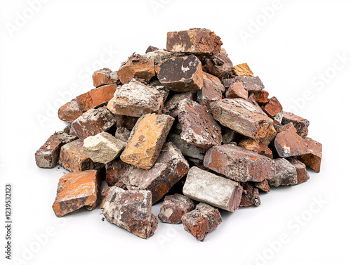 Pile of old red bricks with cement residue and rough texture, isolated on a white background photo