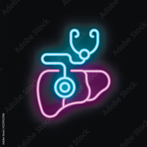 Glowing neon icon of a stethoscope examining a liver, representing liver health and medical diagnostics