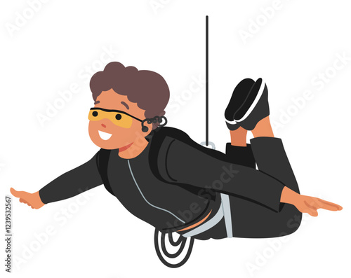 Boy special agent cartoon character hanging on rope conducting secrete mission vector illustration