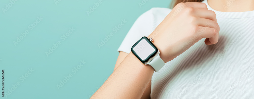 Obraz premium A female hand with a modern smart watch with display screen. Modern technology to monitor activity, sleep and heart rate