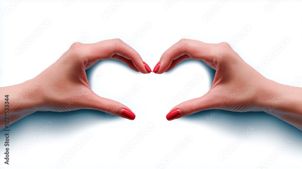 Obraz premium Romantic gesture of hands forming heart, with elegant woman’s fingers showing care and affection. Red nails enhance the symbolism of love and tenderness, isolated on a clean white backdrop.