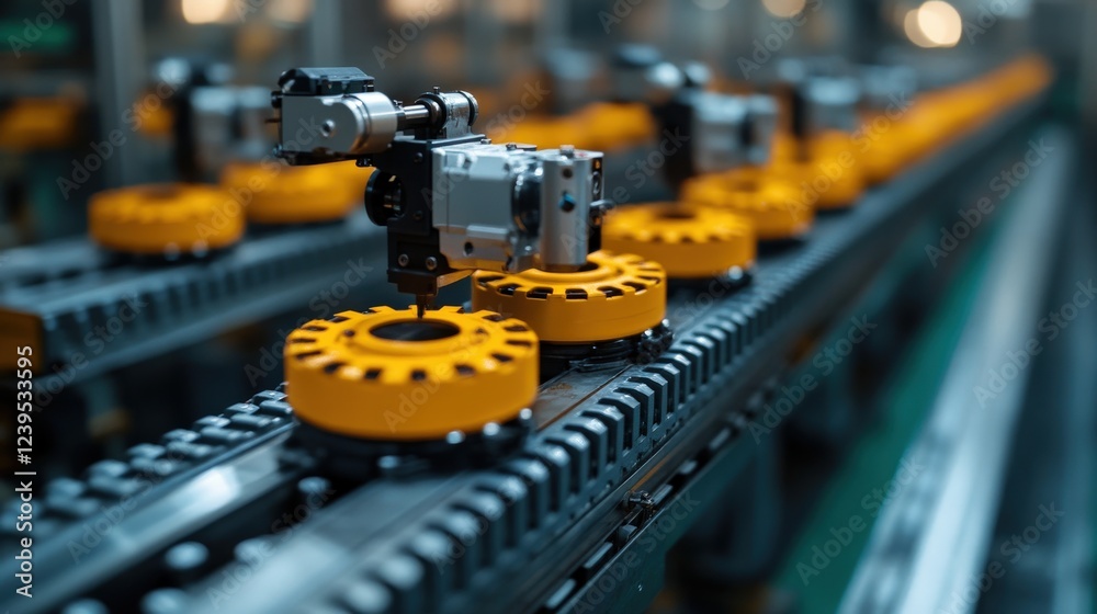 Robotic arms assembling yellow components on a conveyor belt in a modern manufacturing facility Robotic arms assembling yellow components on a conveyor belt in a modern manufacturing facility
