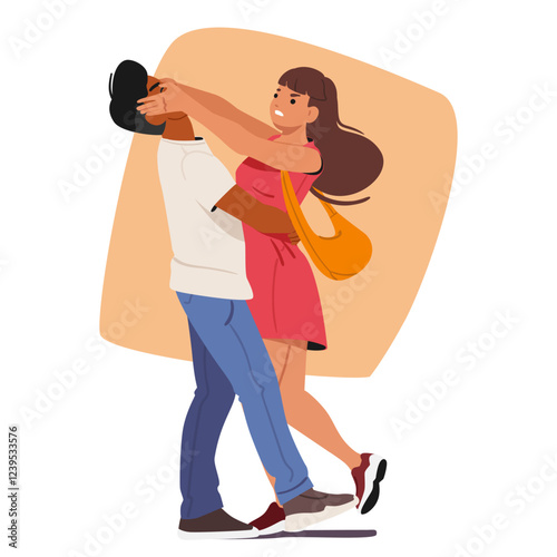 Young woman cartoon character putting strong pressure on robber bandit eyes defending herself