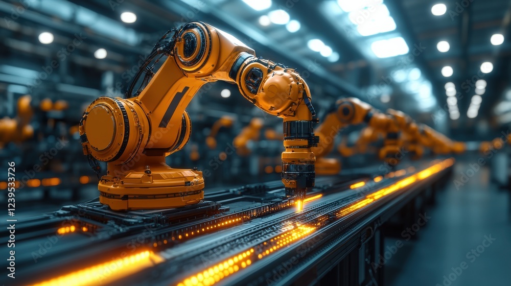 Fototapeta premium Robotic arms assembling products on a factory line, showcasing automation in a modern industrial setting