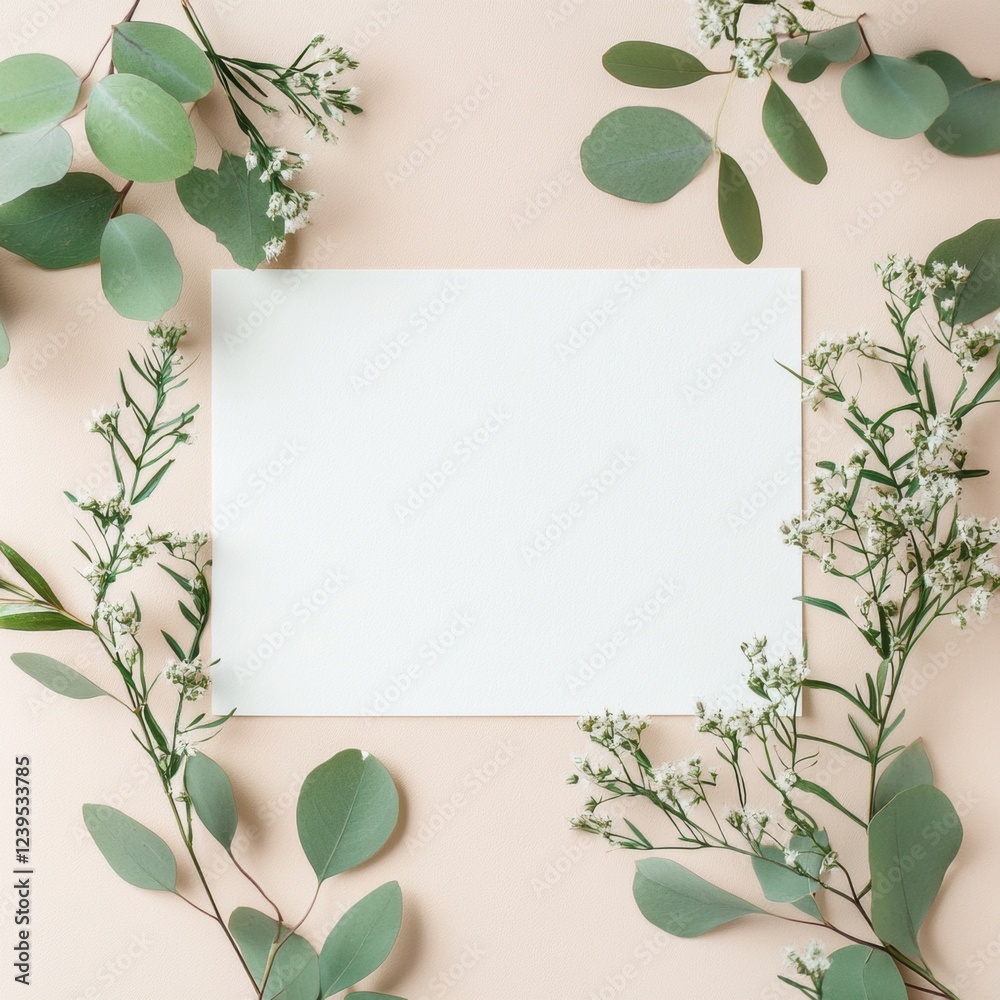 Naklejka premium Botanical arrangement with blank card surrounded by fresh greenery on a light background. Generative AI