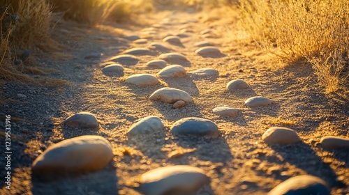 A rugged dirt path with scattered pebbles, bathed in gentle sunlight that casts long shadows, evoking a peaceful outdoor atmosphere photo