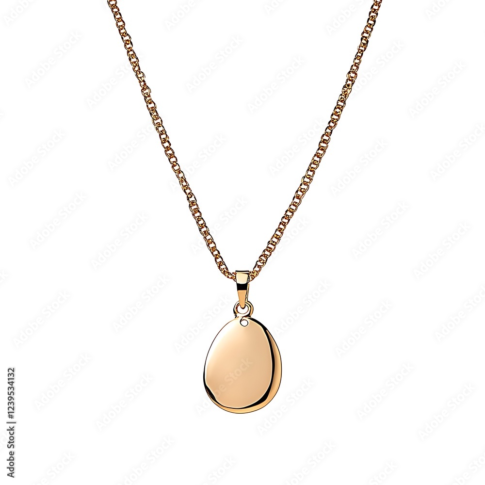 Gold chain necklace with a smooth, oval-shaped pendant. Gold chain necklace with a smooth, oval-shaped pendant.
